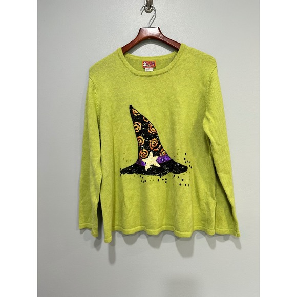 Peek a Boo XL Halloween Witch Hat Sequin Embellished Green Knit Sweater - Picture 1 of 6